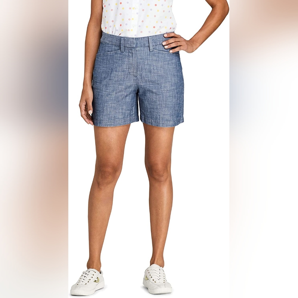 Lands' End 8P Mid-Rise Evening Sky Chambray 5" Cotton Shorts.